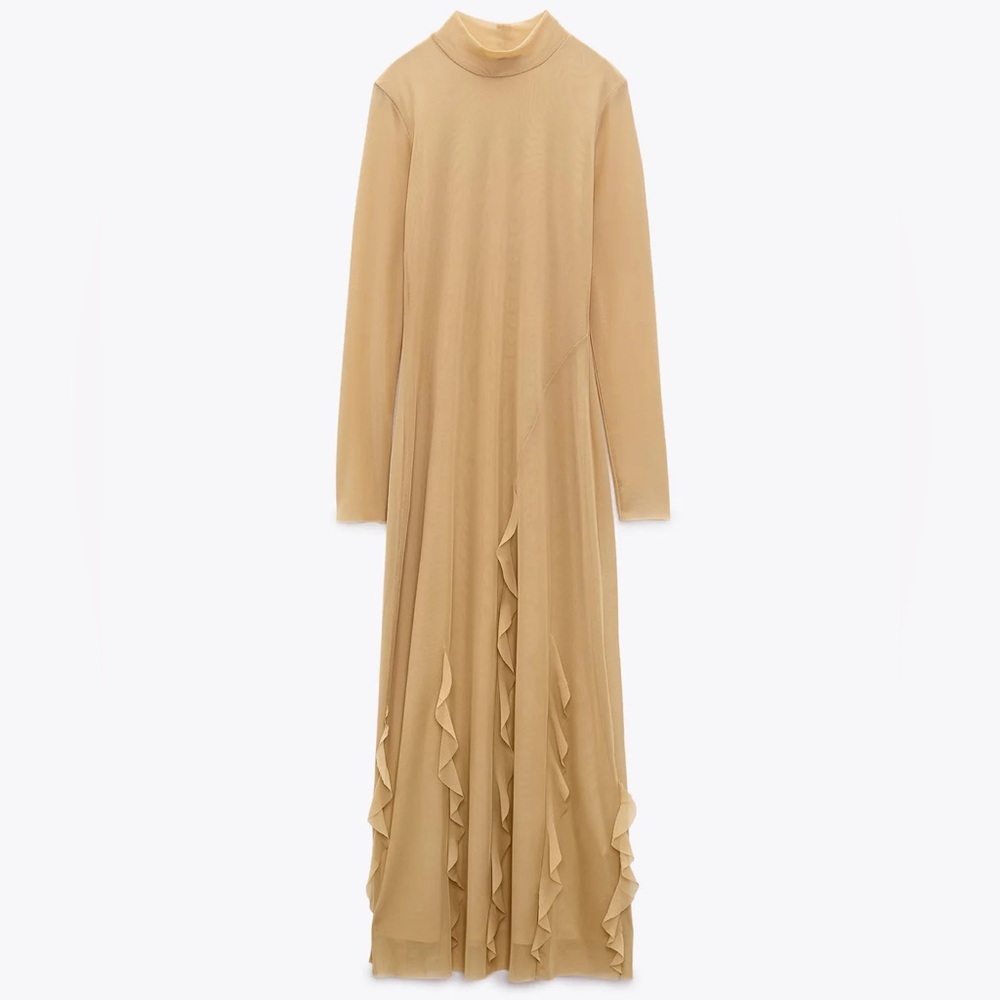 Zara Tan Ruffle Long Sleeve Maxi Dress